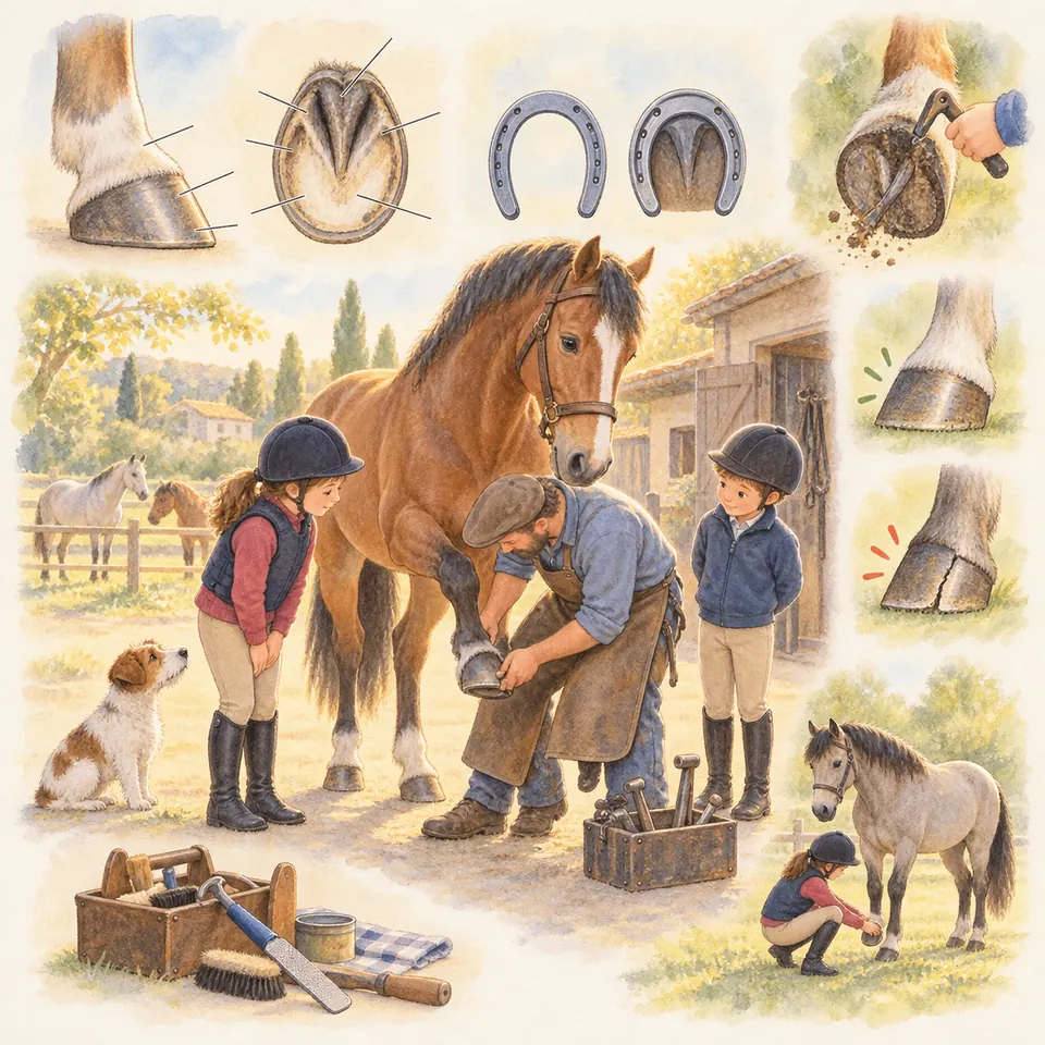Un maréchal-ferrant travaille sur le sabot d’un cheval bai devant deux enfants, entouré de détails du pied et de fers
