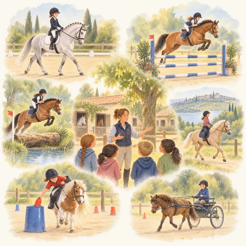 Une monitrice échange avec des enfants, entourée de scènes de dressage, de saut d’obstacles, de cross, de jeux et d’attelage