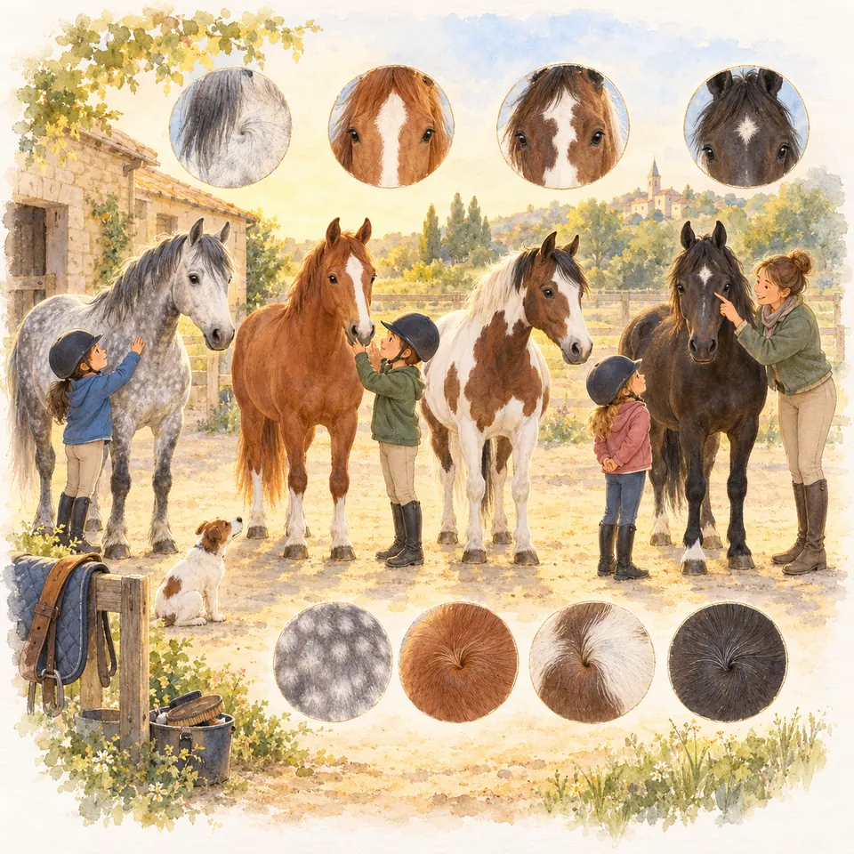 Des enfants et une monitrice auprès de chevaux gris, alezan, pie et noir, avec des détails de marques blanches et d’épis