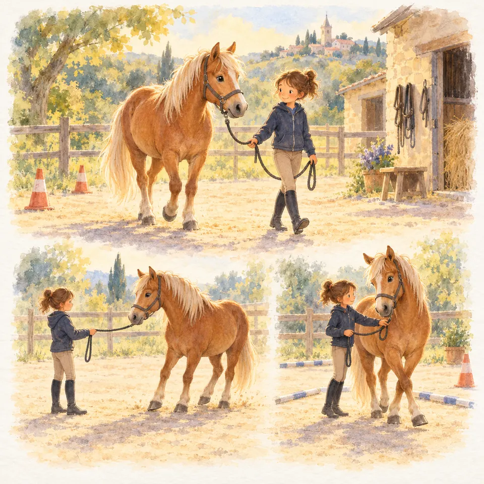 Une enfant mène et déplace un poney alezan en licol, à l’aide d’une longe, dans une cour bordée de barrières