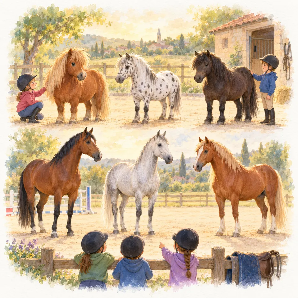 Des enfants observent trois poneys alezan, tacheté et noir, puis trois chevaux bai, gris et alezan dans une carrière