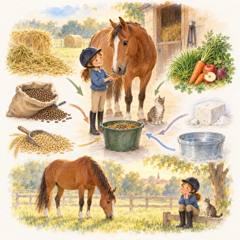 Une enfant près d’un cheval alezan, entourés de foin, de granulés, de céréales, de légumes, d’eau et d’un bloc de sel