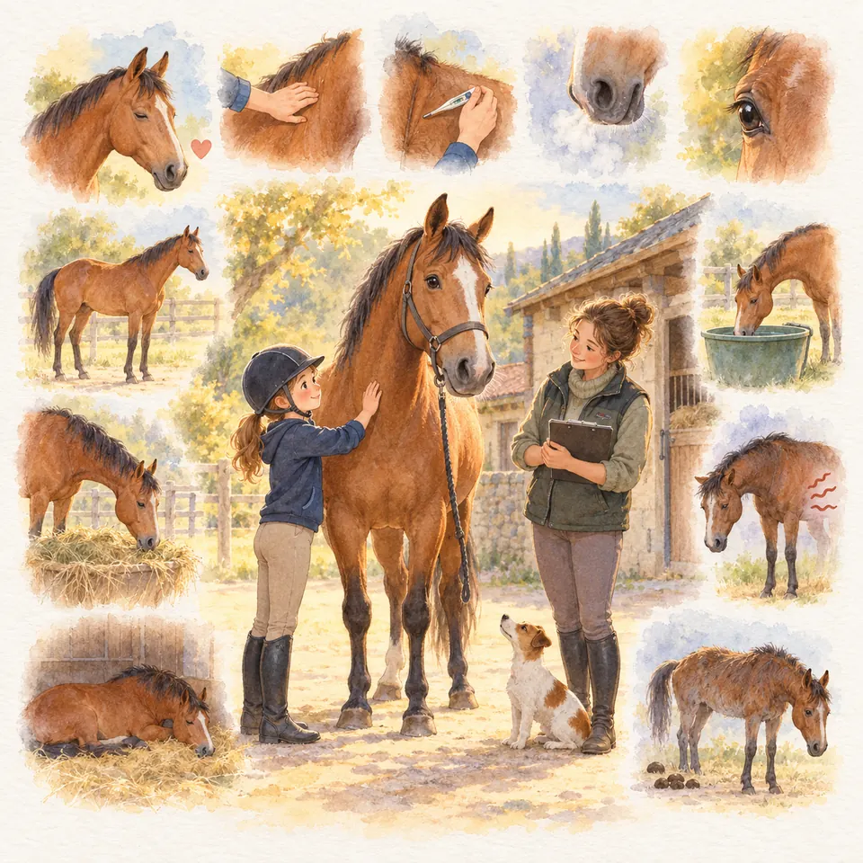 Une enfant touche l’encolure d’un cheval bai près d’une monitrice tenant un carnet, avec des détails de l’œil et des naseaux