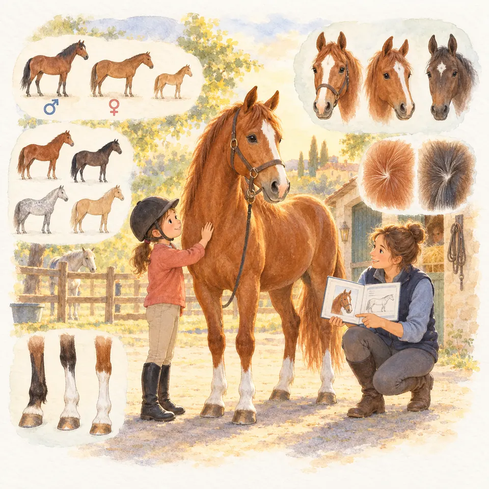 Une enfant près d’un cheval alezan à liste et balzanes blanches, tandis qu’une monitrice présente un livret ouvert