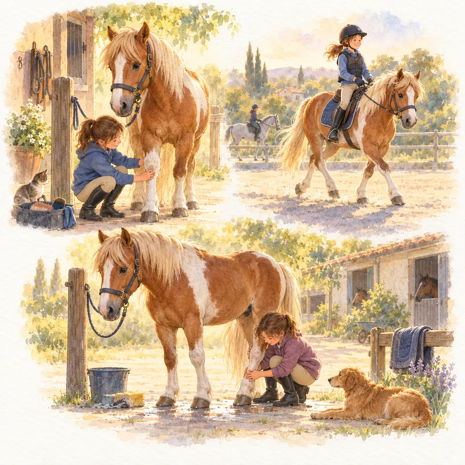 Une enfant inspecte puis nettoie les membres d’un poney pie alezan attaché près de l’écurie, avec un seau et une éponge