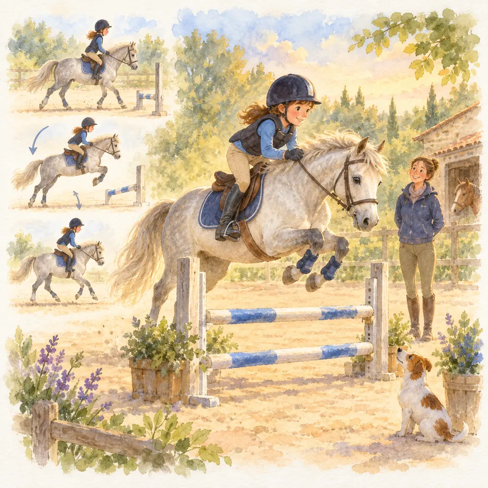 Une cavalière en équilibre sur un poney gris franchit un obstacle bleu et blanc dans la carrière, près d’une monitrice