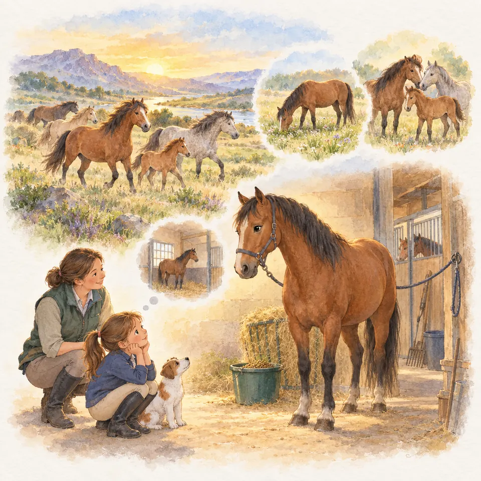 Une femme et une enfant accroupies près d’un cheval bai attaché devant l’écurie, avec des chevaux au pré dans d’autres scènes