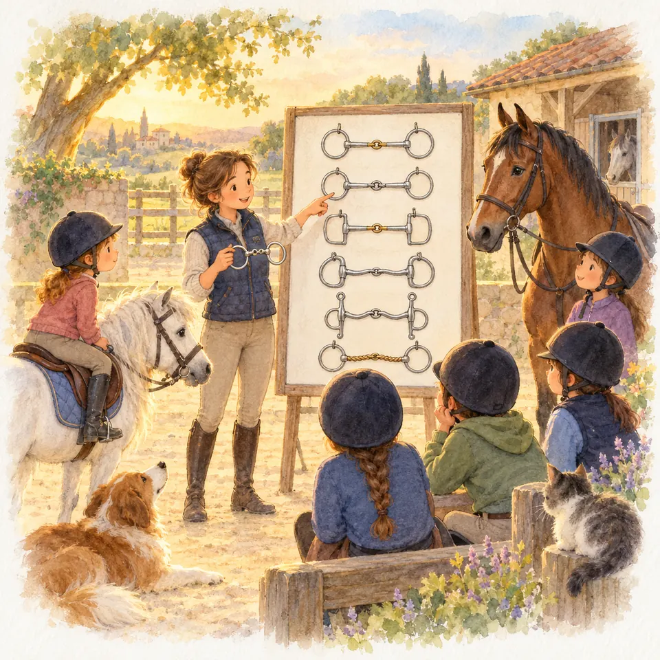 Une monitrice présente des mors de filet sur un tableau à des enfants casqués, près d’un poney gris et d’un cheval bai