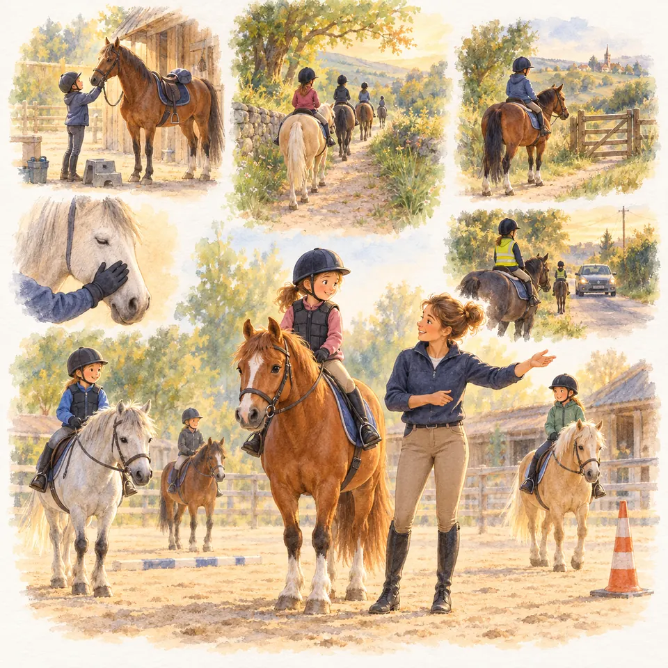 Une monitrice guide une enfant sur un poney alezan en carrière, avec des cavaliers sur un sentier et près d’une route