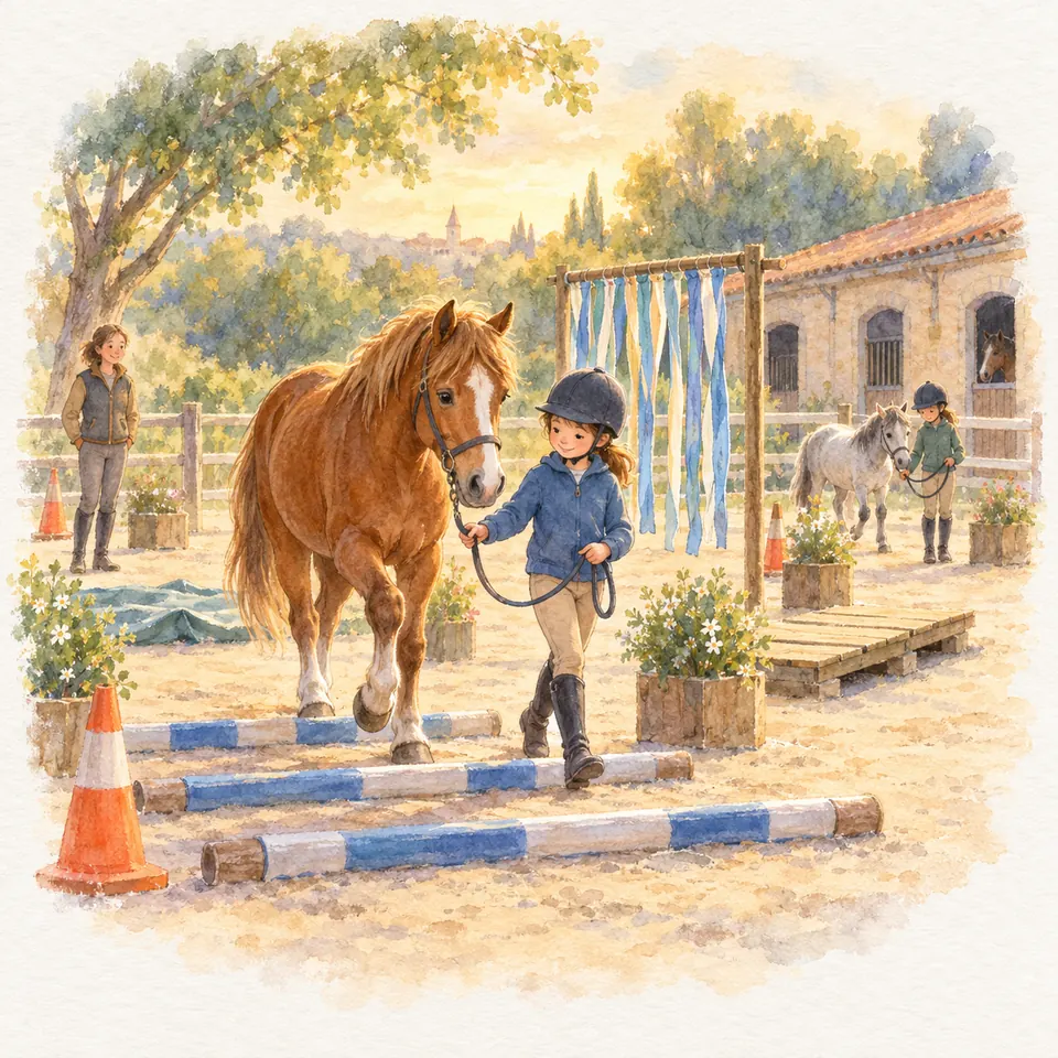 Un enfant mène un poney alezan en licol entre des barres au sol, près d’un rideau de rubans et d’une passerelle