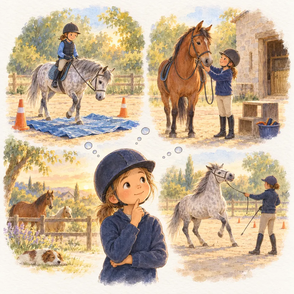 Une enfant monte un poney gris sur une bâche, caresse un cheval bai et mène un poney gris en longe dans une carrière