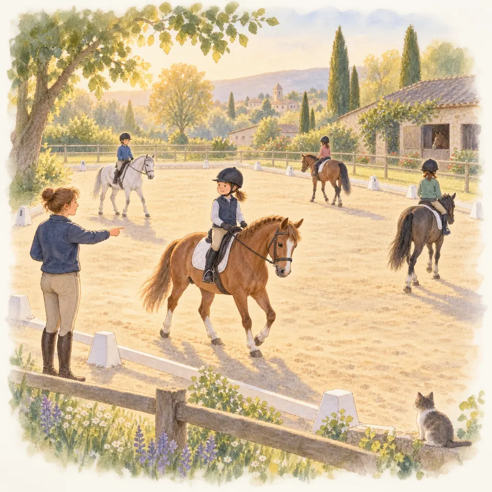 Des enfants montent des poneys dans une carrière bordée de lettres de dressage, sous les consignes d’une monitrice
