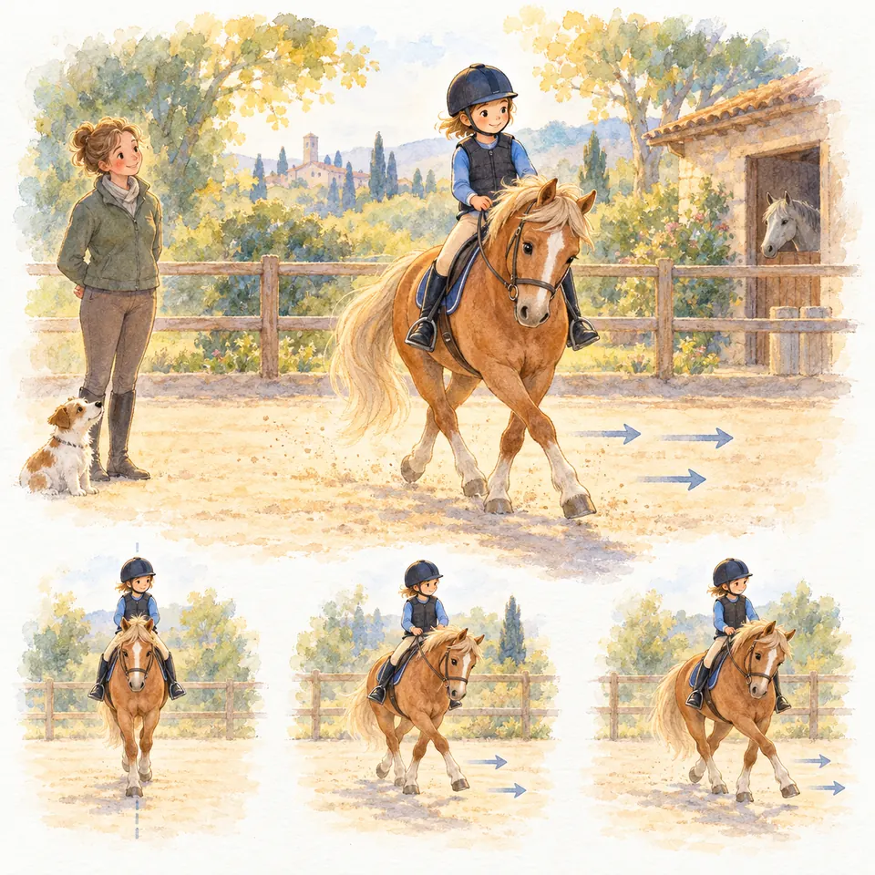 Une enfant monte un poney palomino qui croise les membres en cession à la jambe, avec des flèches indiquant le déplacement