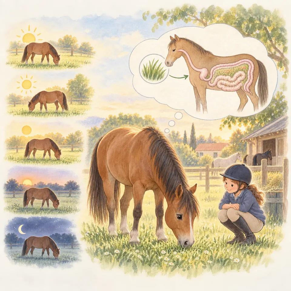 Un cheval bai broute près d’une enfant accroupie, avec un schéma du tube digestif et des scènes de pâturage jour et nuit