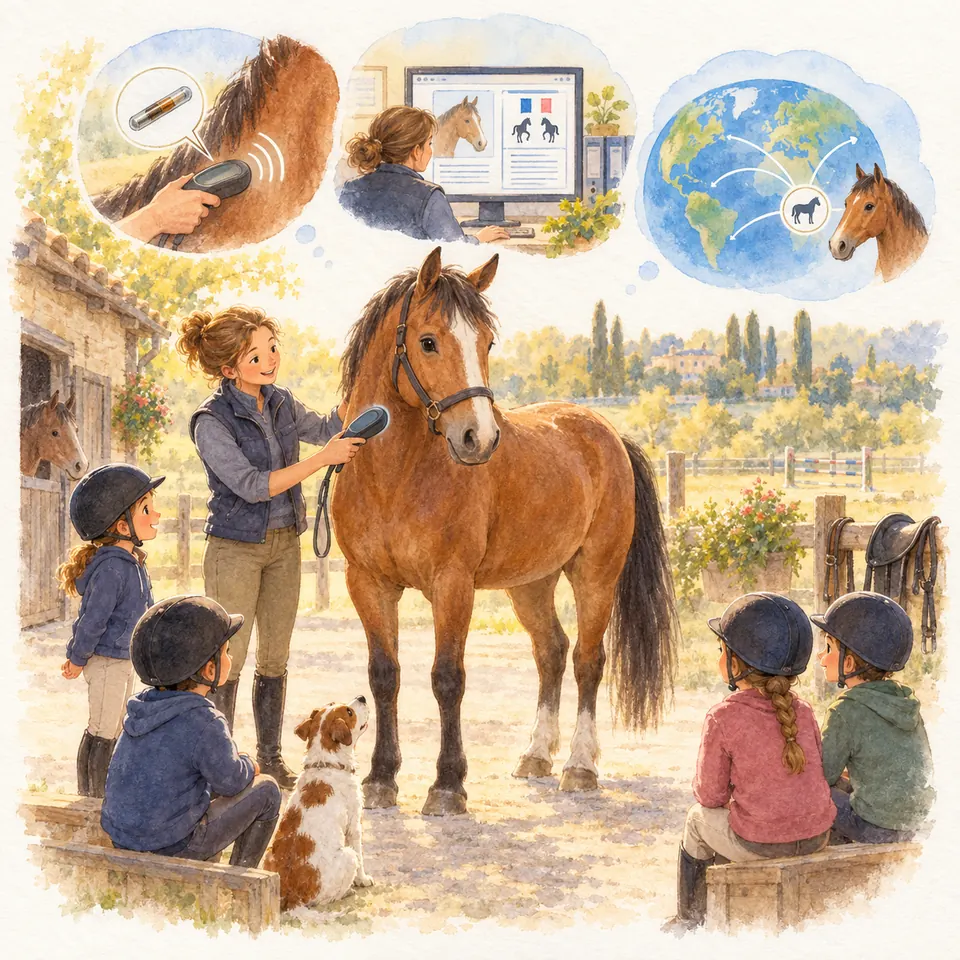 Une monitrice passe un lecteur de puce sur l’encolure d’un cheval alezan devant des enfants, près d’un schéma de puce