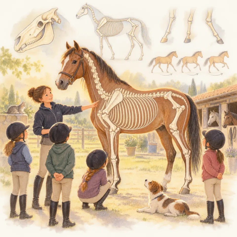 Une monitrice montre les os de l’épaule sur un cheval bai au squelette apparent, devant quatre enfants dans la cour