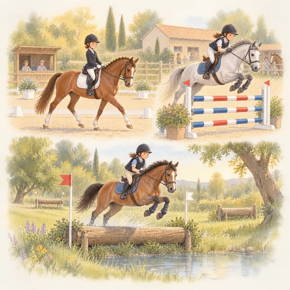 Des cavaliers montent un cheval alezan en dressage, un gris sur des barres de CSO et un bai sur un tronc en cross