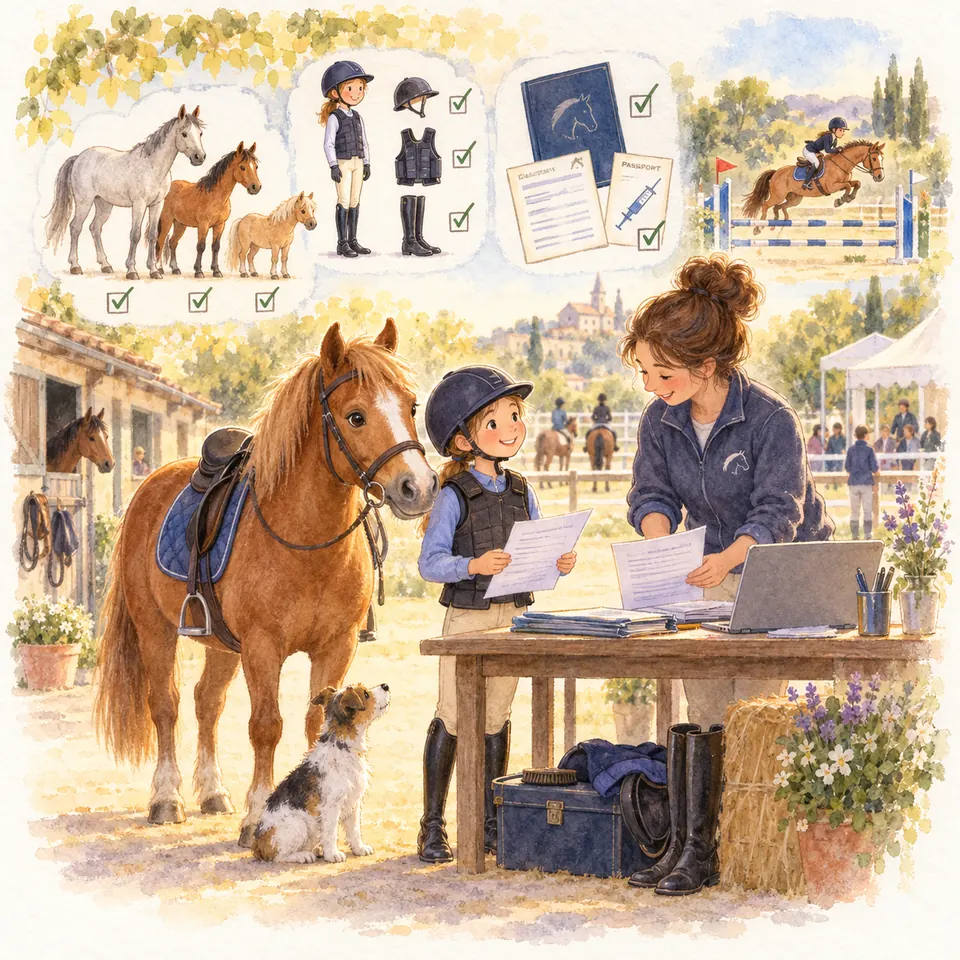 Une enfant et une monitrice consultent des documents près d’un poney alezan sellé et d’un ordinateur au centre équestre
