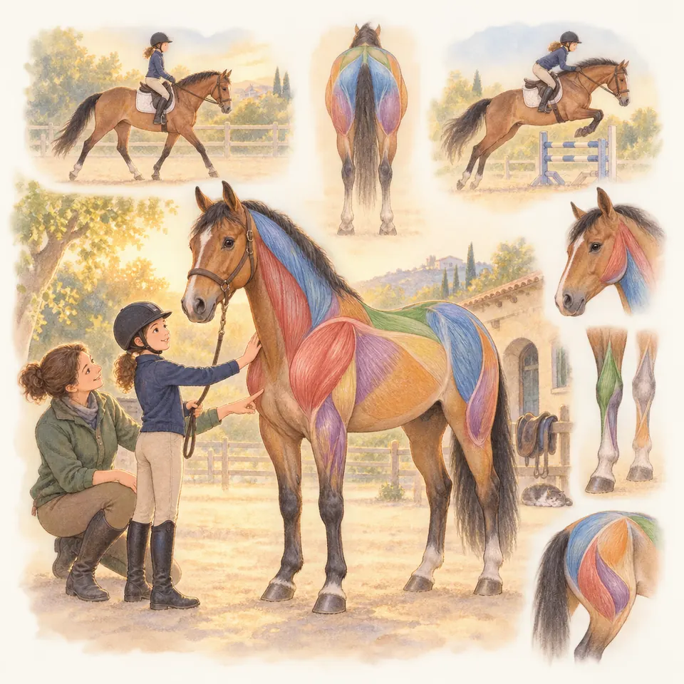 Une enfant et une monitrice désignent les muscles colorés sur le corps d’un cheval bai dans la cour des écuries