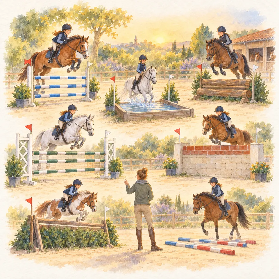 Des cavaliers sur des chevaux bais et gris franchissent des barres, un mur, une haie et une rivière dans une carrière
