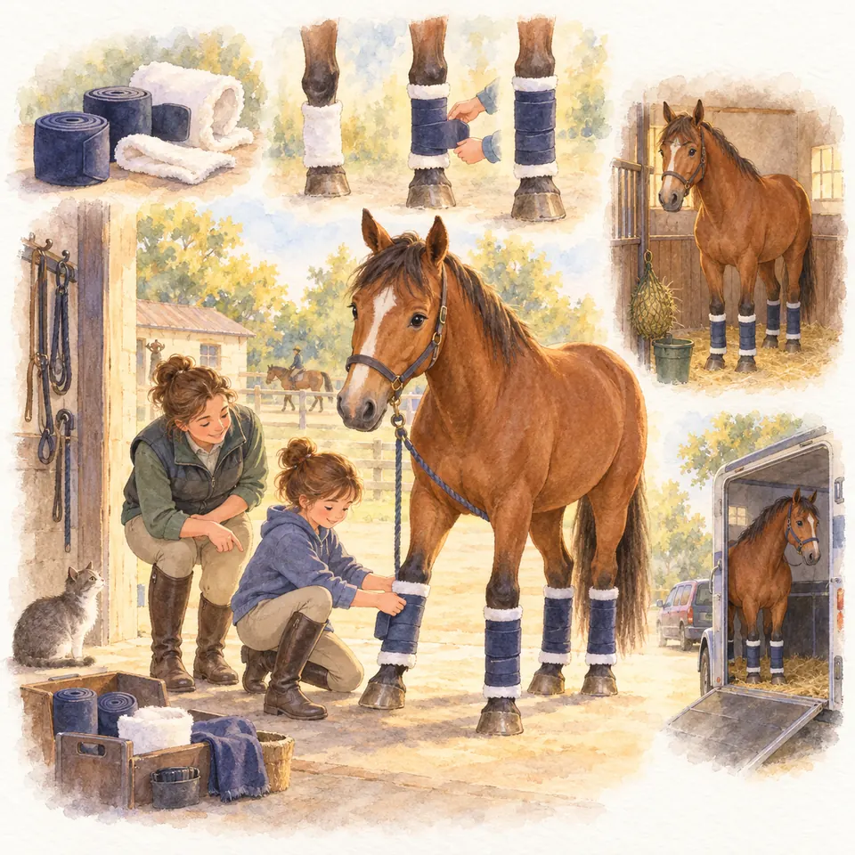 Une jeune cavalière pose une bande de repos bleue sur un antérieur d’un cheval bai, sous le regard d’une monitrice