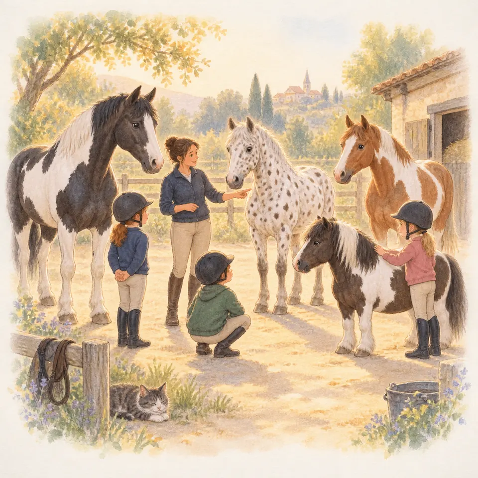 Une monitrice et trois enfants observent deux chevaux pie, un cheval tacheté et un poney pie dans la cour des écuries