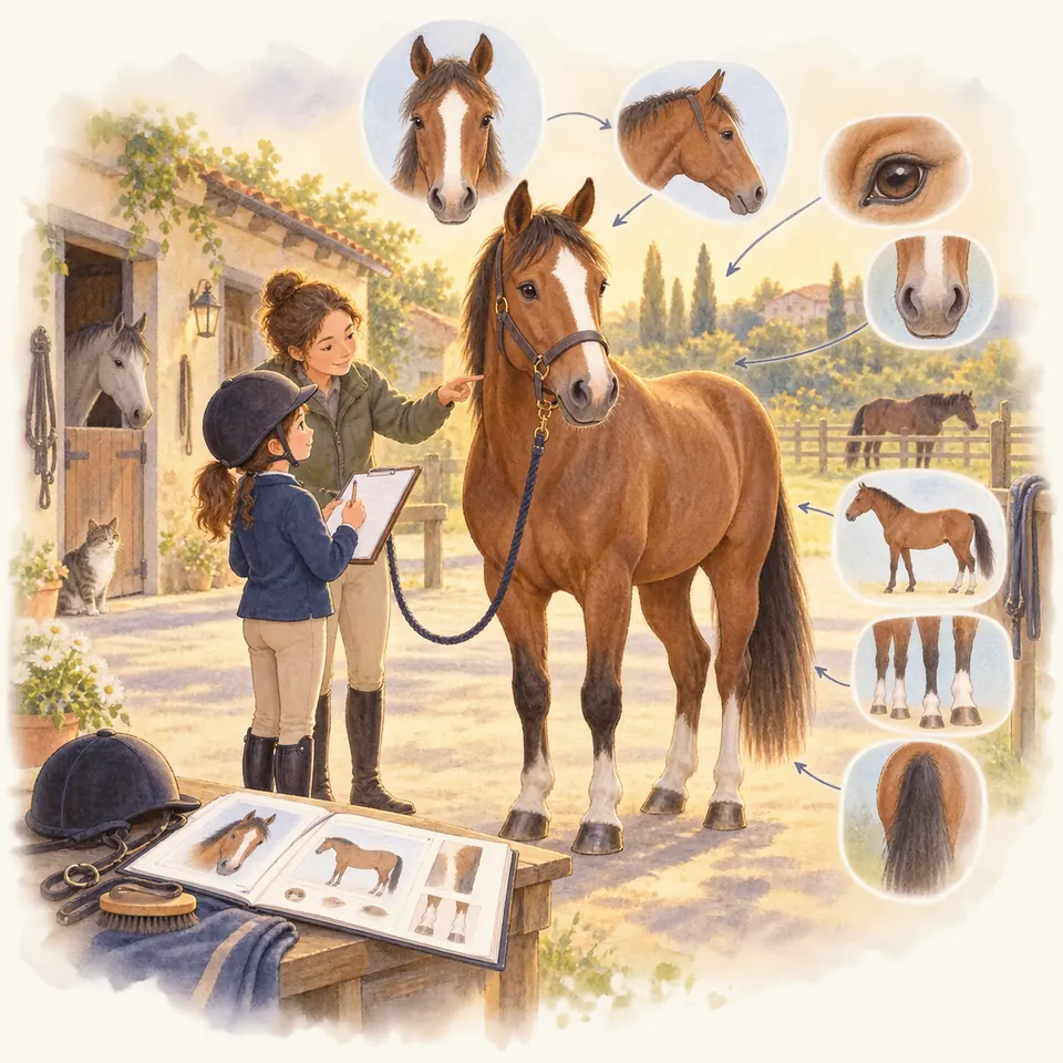 Une cavalière note les marques d’un cheval bai sur une fiche, avec une monitrice et des détails de sa tête et de ses balzanes