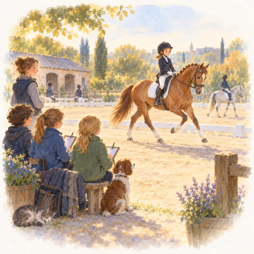 Trois élèves munies de fiches observent une cavalière sur un cheval alezan dans un carré de dressage, près d’une monitrice