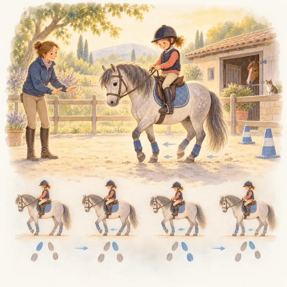 Un enfant monté sur un poney gris recule entre des plots avec une monitrice, au-dessus de schémas des pas et des empreintes