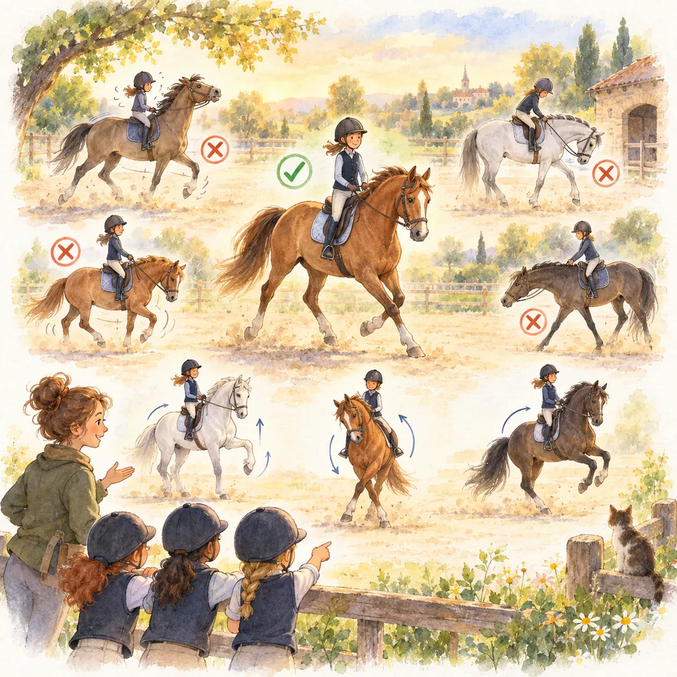 Une monitrice et trois enfants observent des chevaux montés aux différentes allures, signalées par des croix et une coche