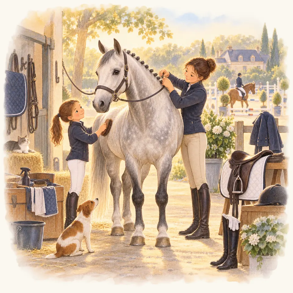 Une cavalière tresse la crinière d’un cheval gris pendant qu’une enfant lui brosse l’épaule devant l’écurie