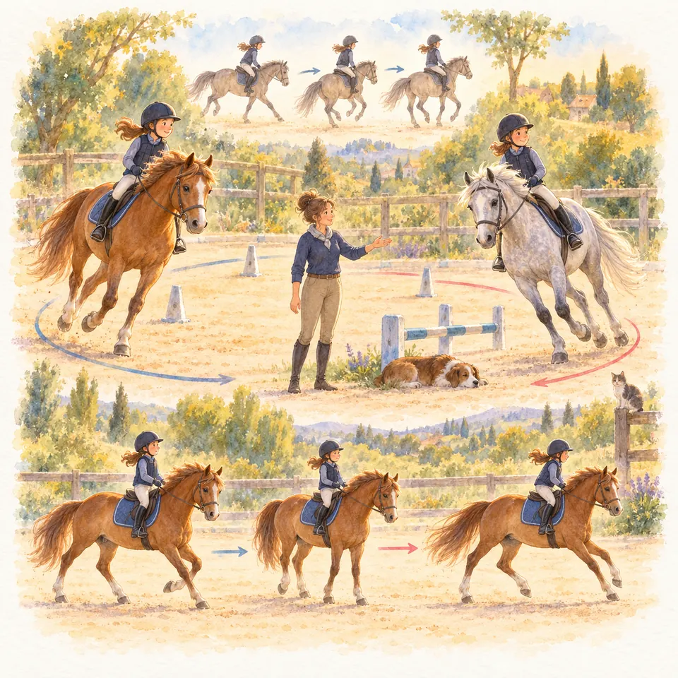 Deux cavalières sur des chevaux alezan et gris suivent des courbes au galop autour d’une monitrice dans une carrière