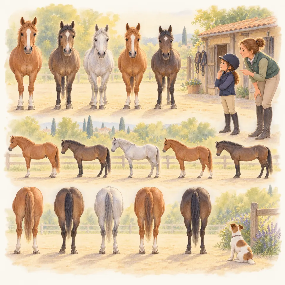 Une monitrice et une enfant observent les aplombs de chevaux alezans, bais et gris, de face, de profil et de dos près des boxes