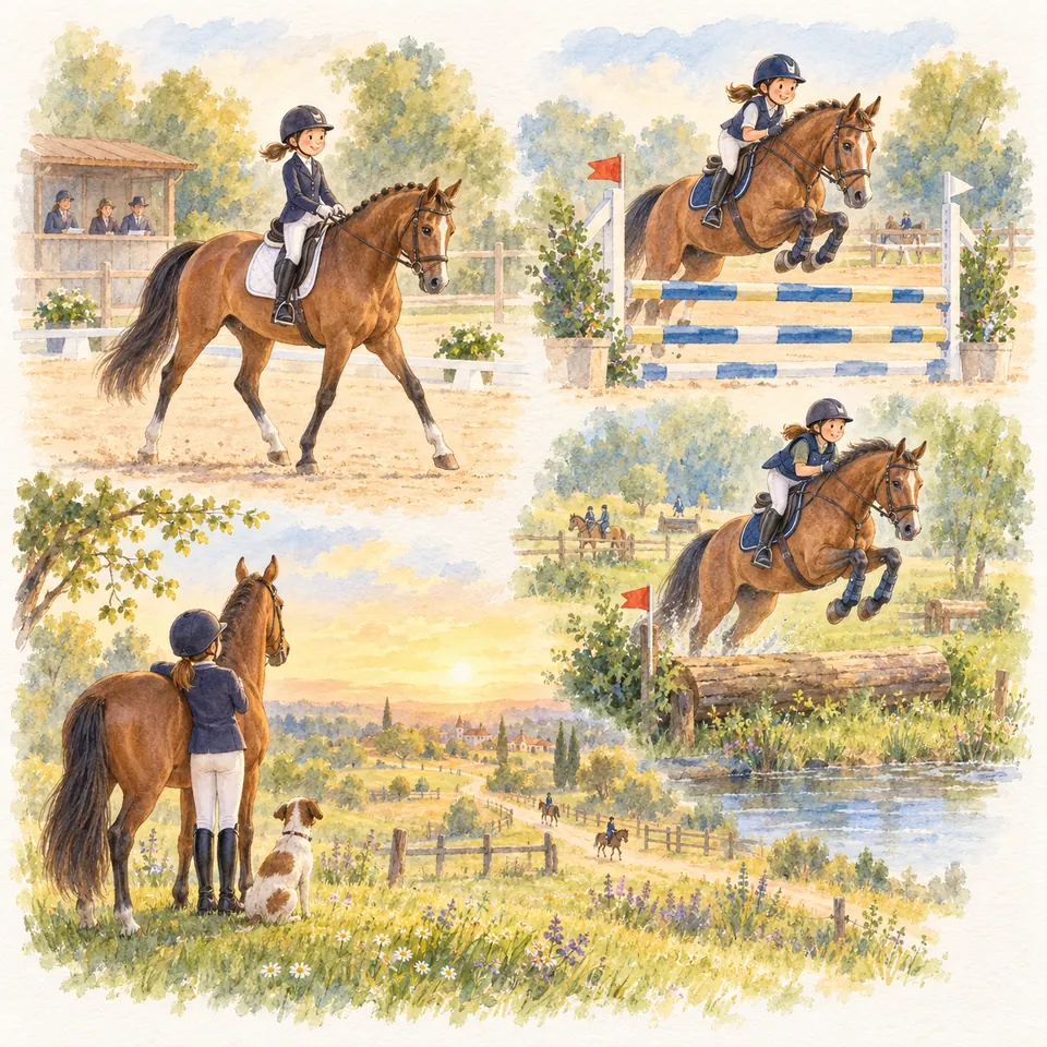 Une cavalière monte un cheval bai sur le plat, franchit un obstacle bleu et blanc puis saute un tronc sur un parcours de cross