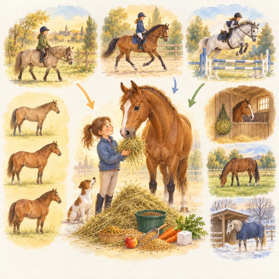 Une cavalière donne du foin à un cheval alezan, près de seaux de grains, de carottes et d’une pierre à sel