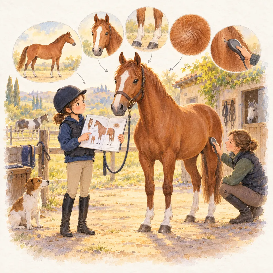Une cavalière tient un livret ouvert près d’un cheval alezan aux balzanes blanches, tandis qu’une femme examine son flanc