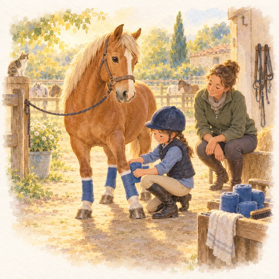 Une enfant pose une bande de polo bleue sur l’antérieur d’un poney alezan crins lavés, sous le regard d’une monitrice