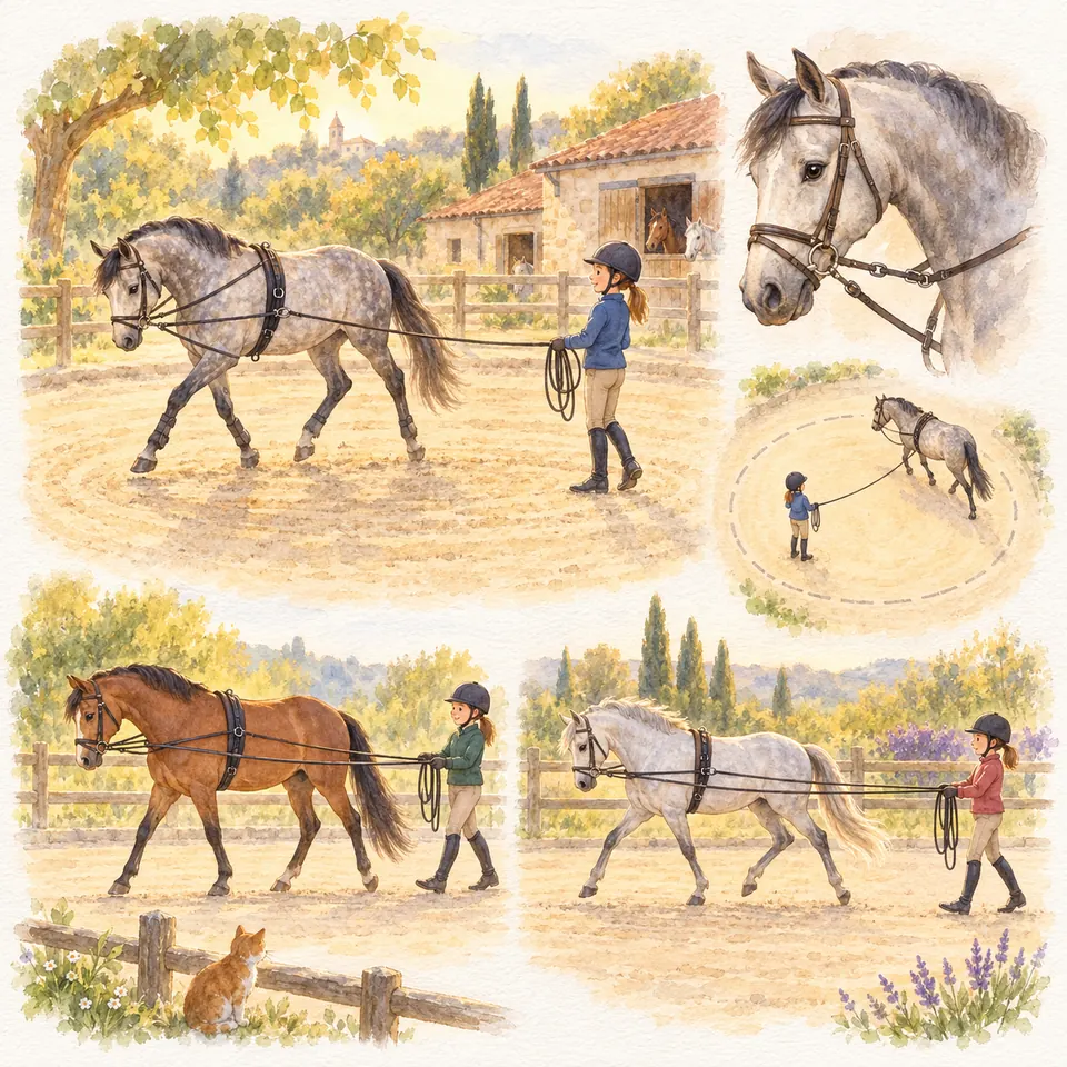 Dans une carrière, des cavalières travaillent un cheval gris à la longe enrênée et des chevaux bai et gris aux longues rênes