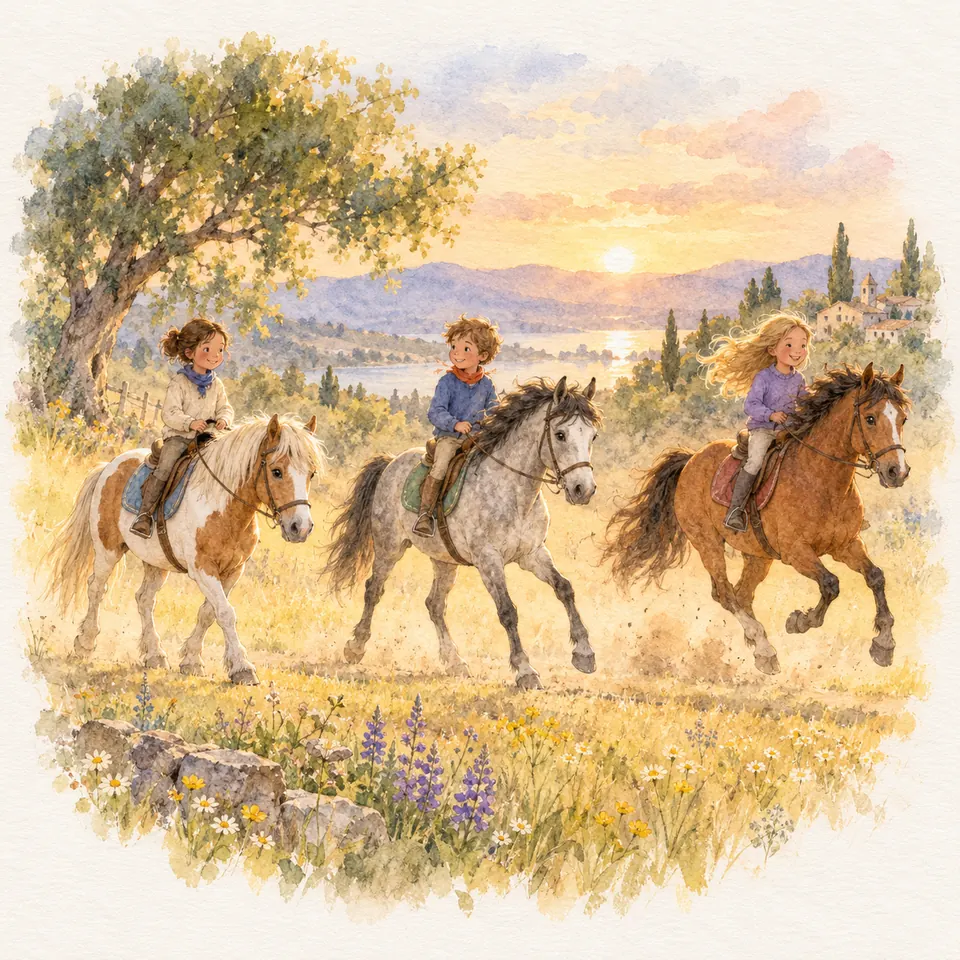 Trois enfants montent un poney pie, un gris et un bai, avançant à différentes allures sur un chemin bordé d’herbe