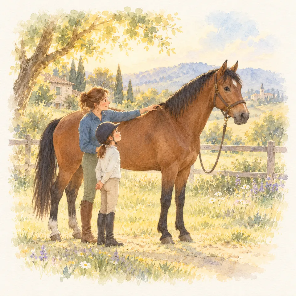 Une femme pose la main sur le garrot d’un cheval bai tenu en longe, près d’une enfant casquée dans un pré