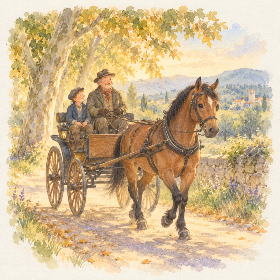 Un cheval bai attelé tire une voiture à deux roues sur un chemin, avec un meneur tenant les guides et un enfant