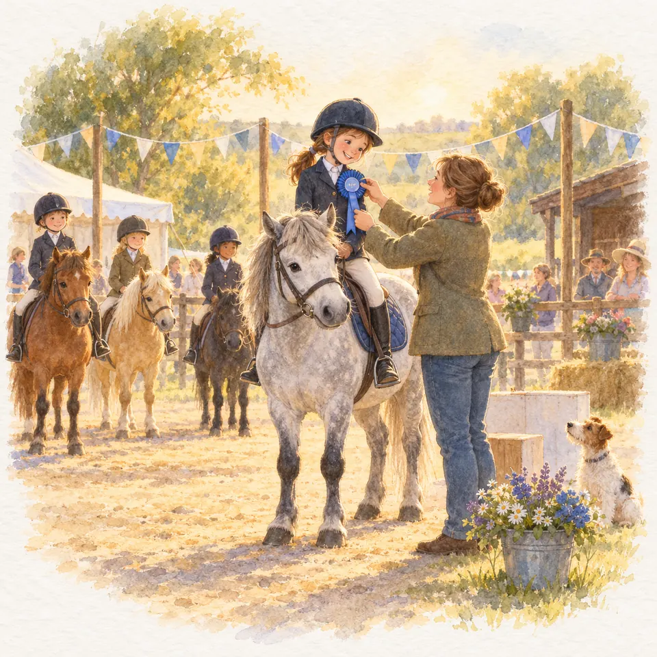 Une femme remet une cocarde bleue à une jeune cavalière sur un poney gris, devant d’autres cavaliers à cheval
