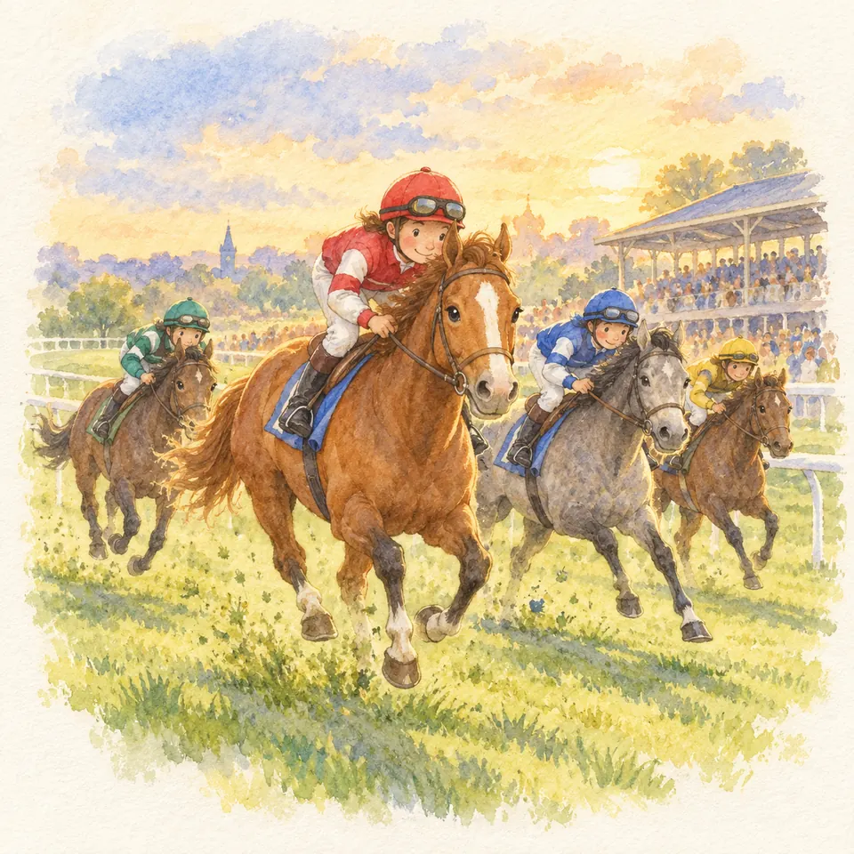 Des jockeys en casaques colorées galopent sur des chevaux alezan, gris et bais sur une piste en herbe devant les tribunes
