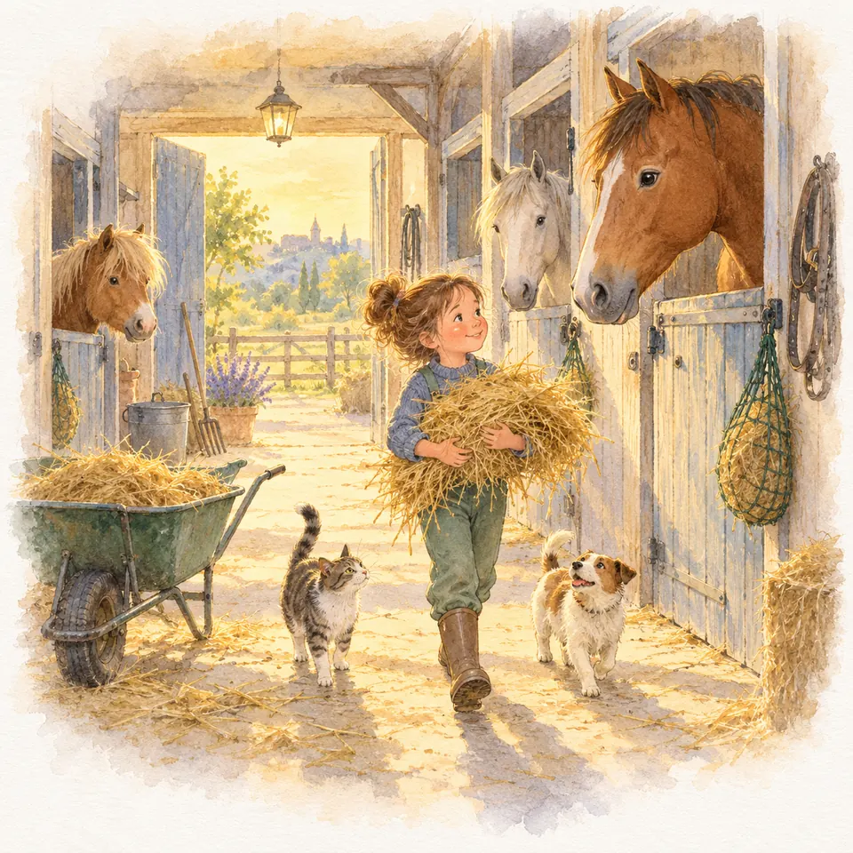 Une enfant porte une brassée de foin dans l’allée d’une écurie, entre des chevaux au box, une brouette, un chat et un chien
