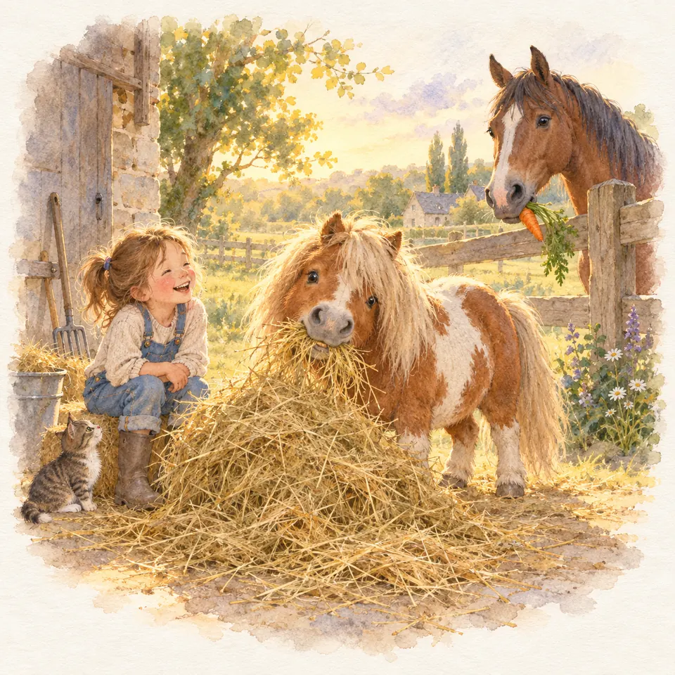 Une enfant assise près d’un poney pie alezan qui mange du foin, tandis qu’un cheval bai tient une carotte derrière la clôture