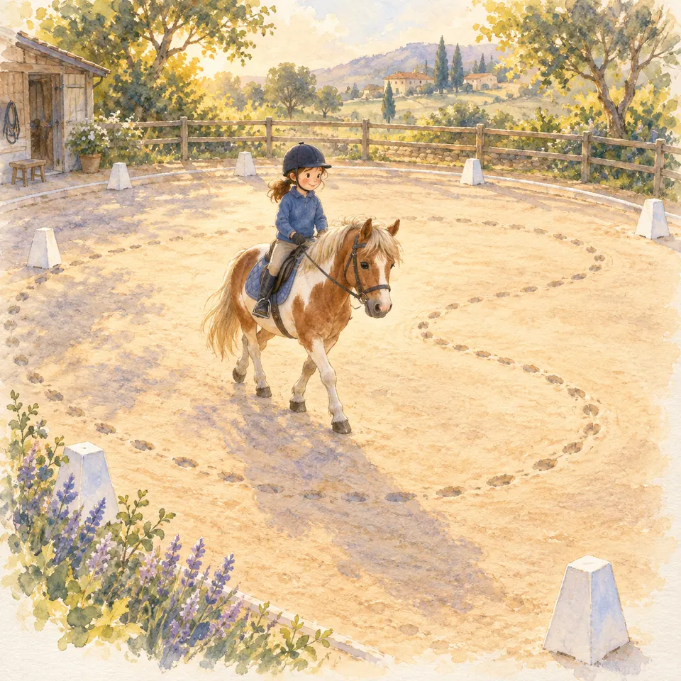 Une enfant casquée monte un poney pie alezan dans une carrière où des traces de sabots dessinent un cercle entre les plots
