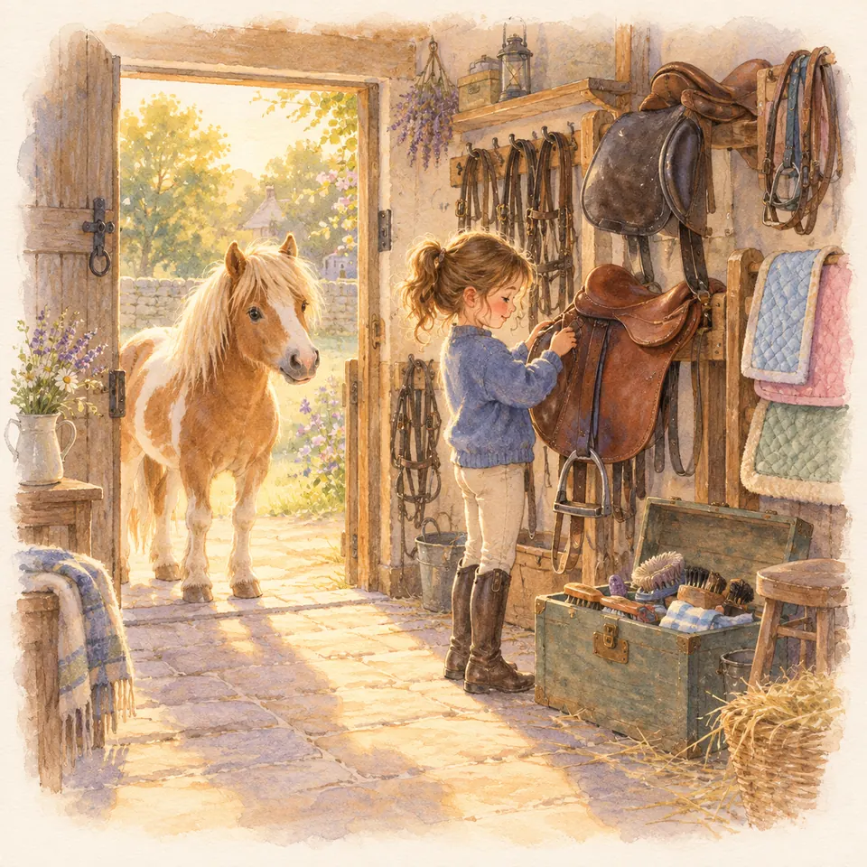 Une enfant manipule une selle dans une sellerie garnie de brides et de tapis, tandis qu’un poney palomino attend à la porte