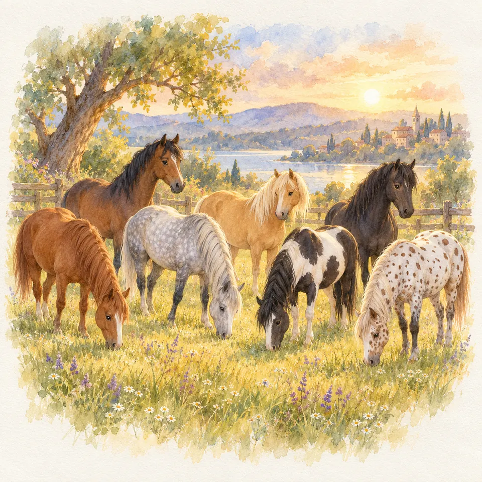Des chevaux alezan, bai, gris, palomino, noir, pie et tacheté se tiennent dans un pré fleuri bordé d’une clôture