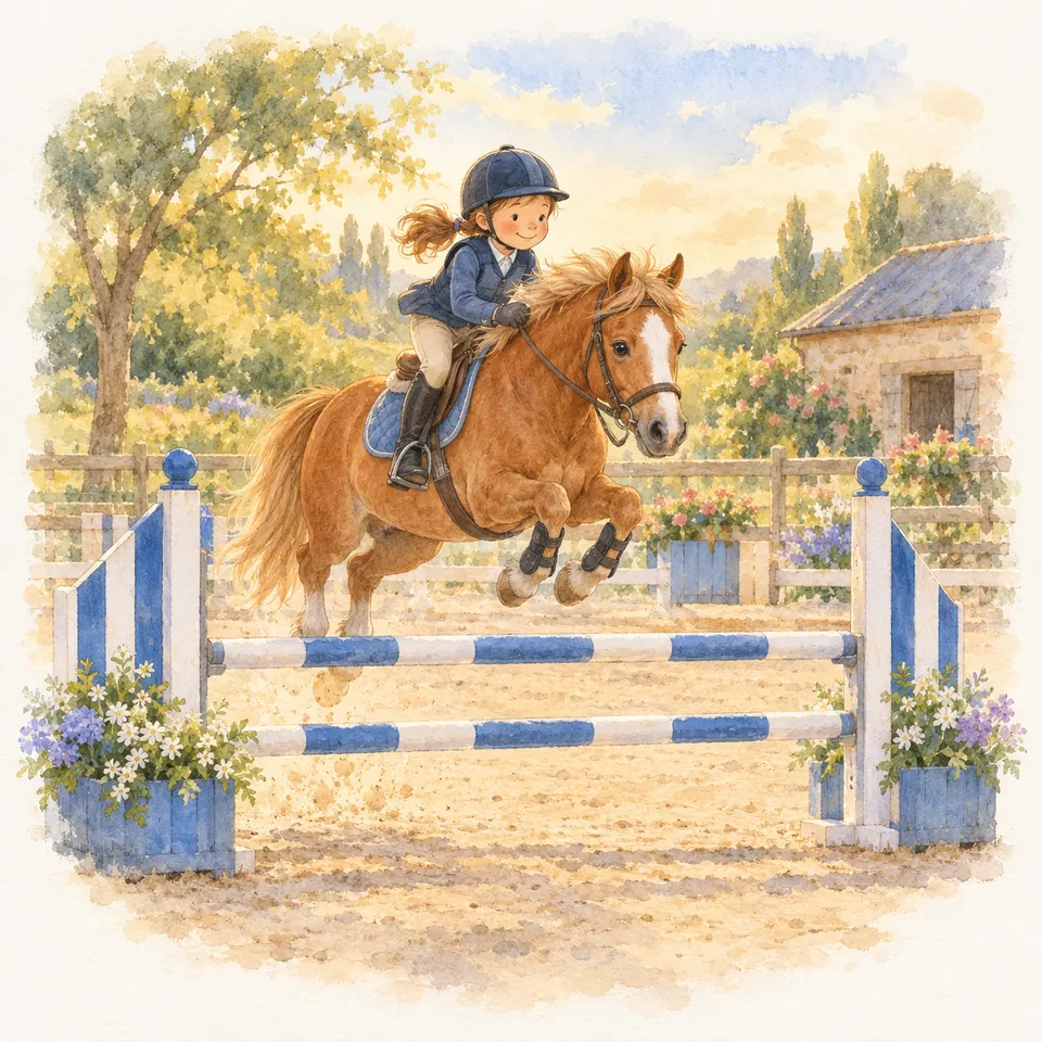 Une jeune cavalière casquée, en équilibre sur un poney alezan, franchit un obstacle à barres bleues et blanches dans une carrière