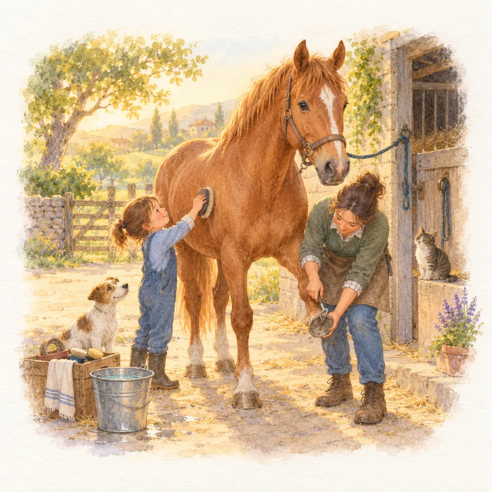 Une enfant brosse le flanc d’un cheval alezan tandis qu’une femme lui cure un sabot devant l’écurie